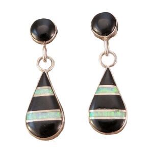 Navajo Dangle Inlaid Onyx Opal Sterling Drop Post Earrings